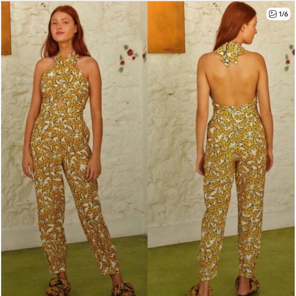 Rare Farm Rio Spotted Bananas Crossover Halter Jumpsuit Women’s Jumpsuit size S